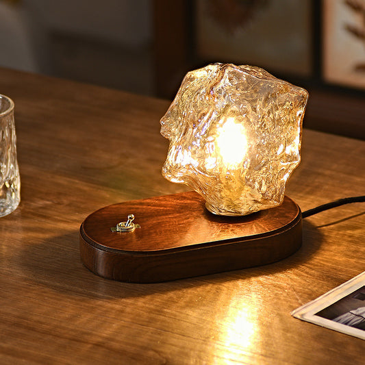 LED Glass Irregular Ice Cube Night Light Table Lamp Walnut Wood Base USB Charging Touching Adjustable Lights Projector Lights NINETY NIGHT   