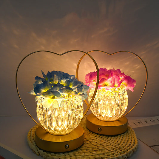 LED Camellia Flowers Hydrangea Night Light Table Lamp Glass Vase USB Charging Heart Portable Projector Lights NINETY NIGHT Hydrangea Blue  