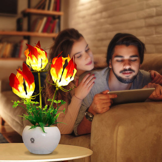 LED Red Lily Flowers Night Light Table Lamp Ceramics Vase USB Charging Leaves Projector Lights NINETY NIGHT   