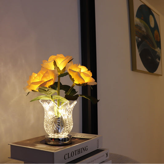 LED Rose Flowers Night Light Table Lamp Glass Vase USB Charging Adjustable Lights Projector Lights NINETY NIGHT Yellow  