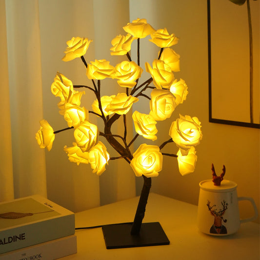 LED Rose Flower Tree Night Light Table Lamp Black Branches Base USB Charging Projector Lights NINETY NIGHT White  