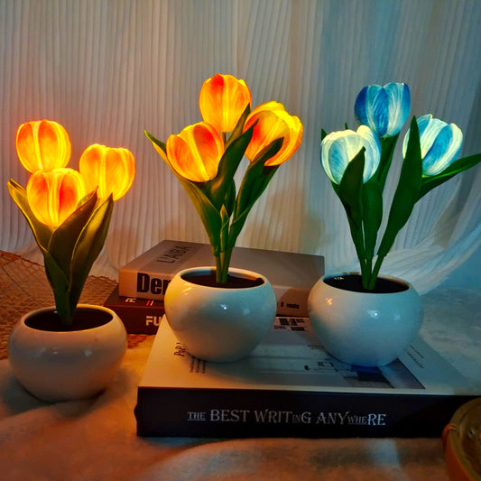 LED Three Tulip Flowers Night Light Table Lamp Ceramics USB Charging Adjustable Lights Projector Lights NINETY NIGHT   