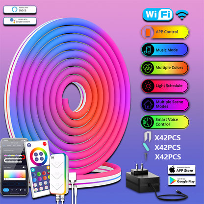 32.8FT RGB LED Strip Lights TV Backlight Neon Rope Light Multiple Colors Bluetooth APP Control Waterproof Camping Bedroom Kitchen Cupboard Projector Lights NINETY NIGHT 24V-10m WIFI APP Control 