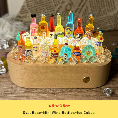 LED Night Light Mini Wine Bottle DIY Kits Ice Cube Solid Wood Base USB Charging Children Kids Toy Cute Charms Projector Lights NINETY NIGHT Oval Base  